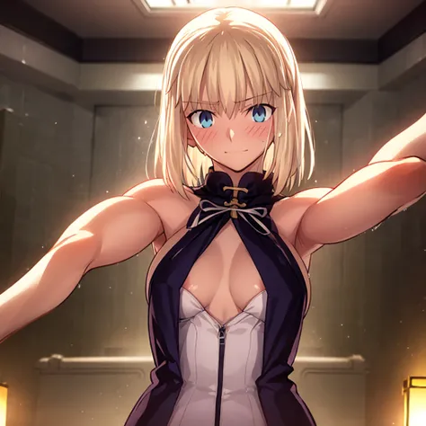 High resolution, 最high resolution,high resolution,{Things to know_f de stay night ufotable:1.15}, Rubio_ Best Quality, masterpiece, フルnude,Sweatだく,Blushing,smile,Armpitアップ,Sweat,Armpitを広げて見せている,bed,Moist,Blonde,whole body,pubic hairあり,Love juice,Armpit,sid...