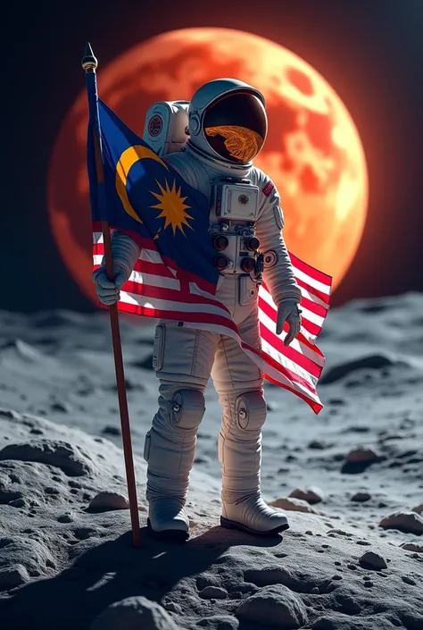 a Malaysia flag on the sun ,Malaysia astronaut holding flag,man height body average 45 year old detailed space suit,detailed Malaysia flag,detailed lunar landscape,dramatic lighting,cinematic angle,hyperrealistic,photorealistic,8k,unreal engine,stunning,vi...