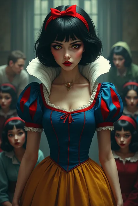 The Villainous Snow White，With the little people，Yandere，Black short hair，Red lips，Blue and red vintage princess dress