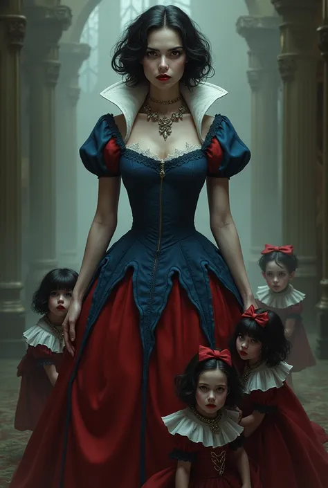 The Villainous Snow White，With the little people，Yandere，Black short hair，Red lips，Blue and red vintage princess dress