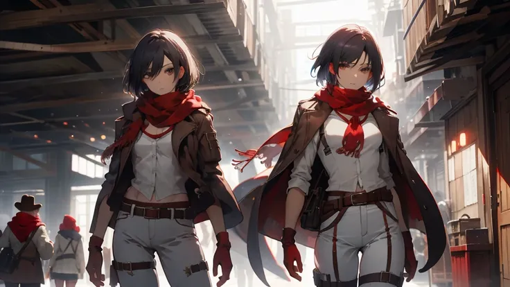 masterpiece, Highest quality, High resolution, Hmm, short hair, Iris, scarf, belt, Thigh straps, red scarf, White pants, White shirt, Are standing, Cowboy Shot,