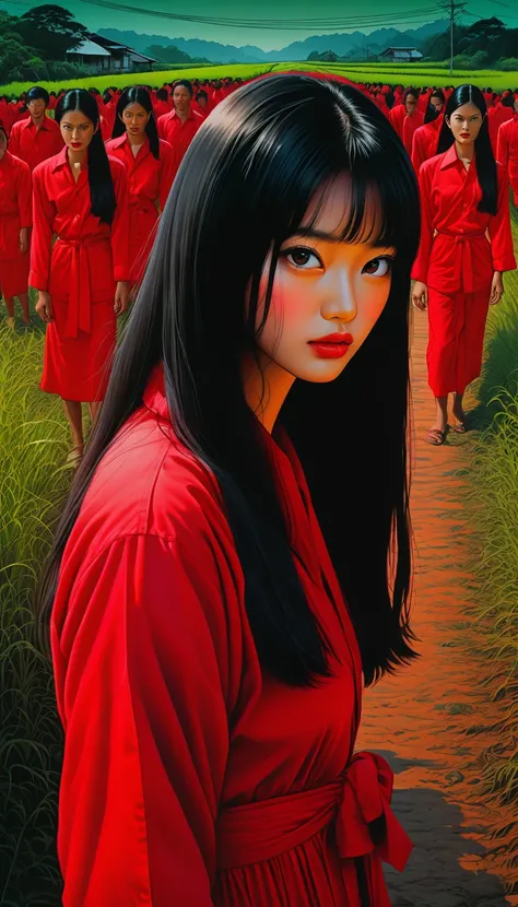 An illustration、art、80s Thai horror movie poster, Supervised by Junji Ito、(Red clothes:1.2)、countryside、evening、Attention to detail, Realistic Shadows、Analog Style, chromatic aberration, Surrealism、Complementary Gradient