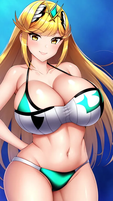 mythra, 1girl, solo, long_hair, breasts, looking_at_viewer, smile, bangs, blonde_hair, large_breasts, yellow_eyes, bikini, Hot cleavage, Big breasts, provocative