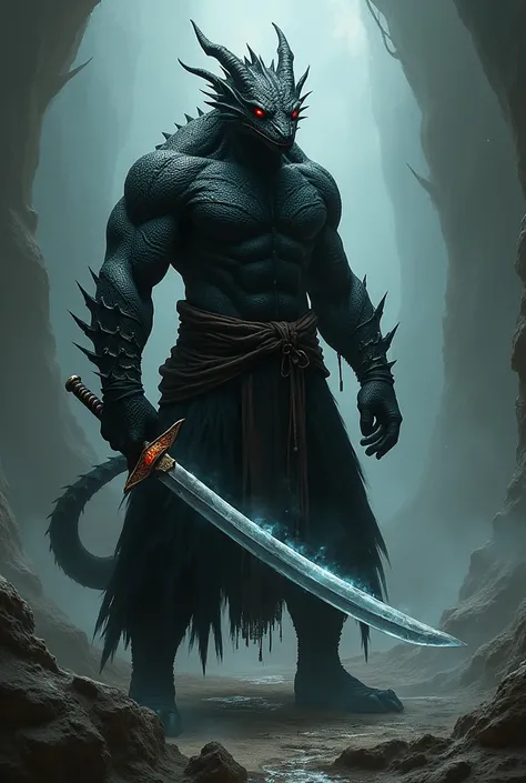 A draconid barbarian wearing black clothes and a katana that emanates darkness 