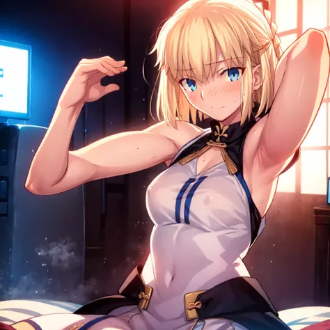 High resolution, 最high resolution,high resolution,{Things to know_f de stay night ufotable:1.15}, Rubio_ Best Quality, masterpiece, フルnude,Sweatだく,Blushing,smile,Armpitアップ,Sweat,Armpitを広げて見せている,bed,Moist,Blonde,whole body,pubic hairあり,Love juice,Armpit,sid...