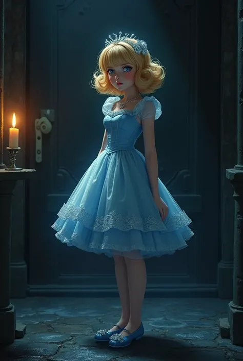 Cinderella，Cinderella，Yandere，blond，Retro hairstyle，Diamond hair ornaments，blue shoes，Crystal Slippers，Disdainful expression，Yandere，In the pitch-black palace，Candle