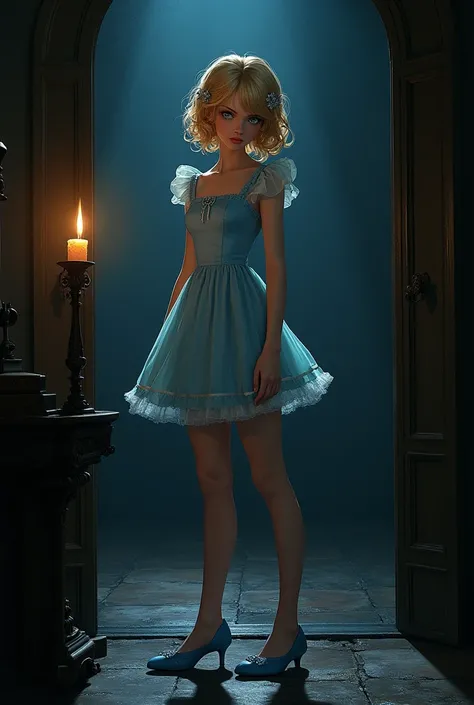 Cinderella，Cinderella，Yandere，blond，Retro hairstyle，Diamond hair ornaments，blue shoes，Crystal Slippers，Disdainful expression，Yandere，In the pitch-black palace，Candle