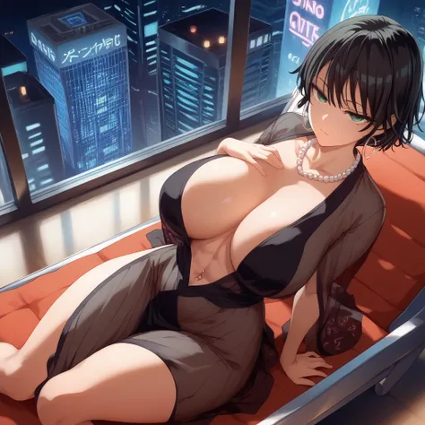 (SAFE FOR WORK), 1 female, Yusuke Murata style, Fubuki from One Punch Man, anime-style face, sexy face, high angle, aerial view, laying down, longer face, short black hair, fully lidded eyes, green eyes, puckered lips, no lipstick, slim/toned body, extreme...