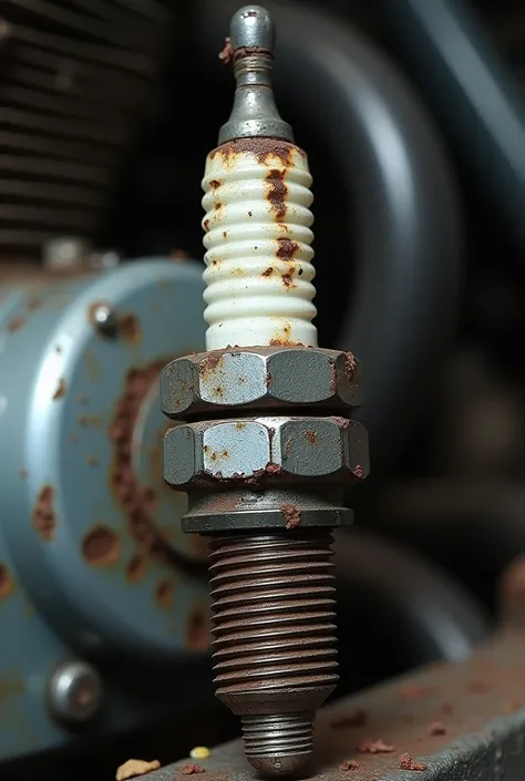  Motorcycle spark plug with signs of wear and tear, somewhat broken, and with corrosion