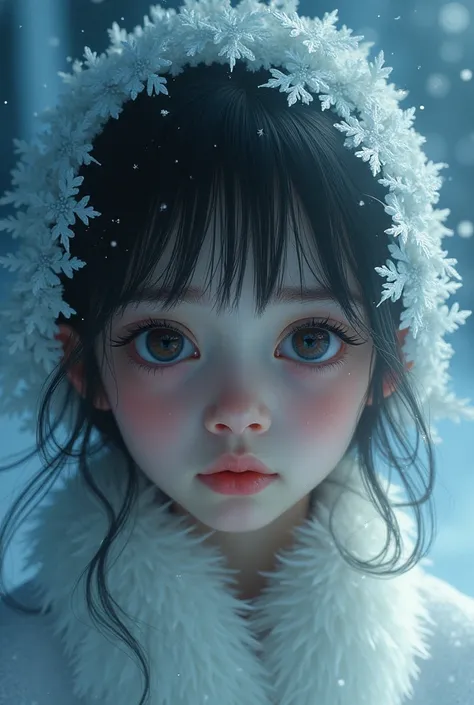 A crying girl in a crystal castle, in a very cold winter, detailed face, beautiful detailed eyes, beautiful detailed lips, extremely detailed eyes and face, long eyelashes, porcelain skin, delicate features, cold air, icy crystals, snowflakes, icy landscap...