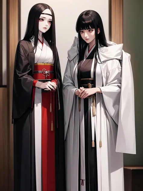 Girls couple. The first woman is tall, dominant woman, tanned, long straight black hair, athletic build. The other woman is submissive woman, short stature, Pale skin, long straight white hair, slender or fragile build. Feudal Japan. Kimono dressed 