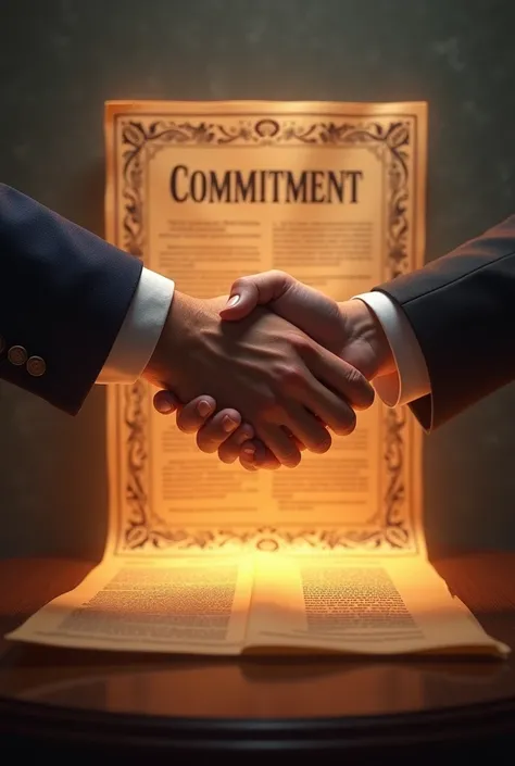 Commitment: Two hands gripping firmly in a handshake, surrounded by a glowing contract, symbolizing the bond of dedication to a cause or goal.