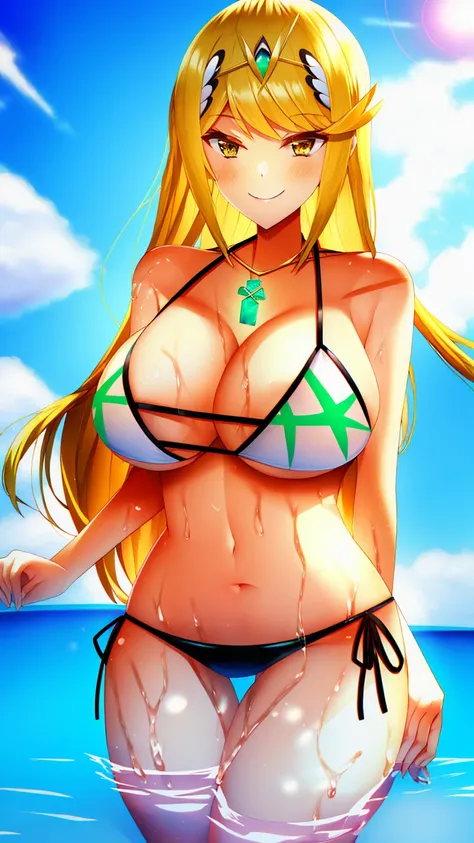 mythra, 1girl, solo, long_hair, breasts, looking_at_viewer, smile, bangs, blonde_hair, large_breasts, yellow_eyes, bikini, Hot cleavage, Big breasts, provocative