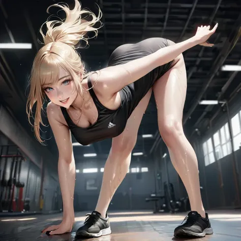 masterpiece, high quality, girl, realistic, blonde, long hair, wavy, light blue eyes, wearing black sports top, wearing black shoes, sweaty, flirty smile, background gymnastics