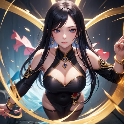 A woman with black hair wearing a golden dress, Portrait of a girl in the Knights of the Zodiac, Ayaka Genshin Impact, Close-up of a woman with black hair wearing a golden dress, portrait knight woman, Ayaka Games Genshin Impact, Amazing character art, 8K ...