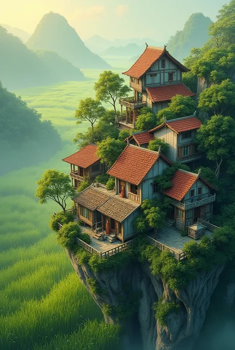 A village on the roof of a house painted a picture of a sedge in Vietnam seen from above. 