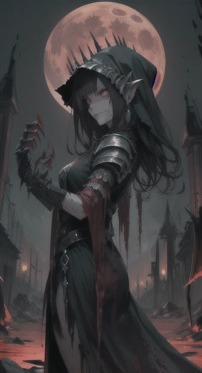 Ancient  era, armored, princess Hylexia , blood everywhere, bloodmoon princess drenched in blood, looking at viewer psychotically, creepy smirk, Sharp claws, covered in blood, Side view, destroyed village, cursed Triforce, fortress ruins,