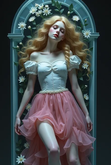 Sleeping Beauty Princess Aurora，Long curly blond hair，Pink skirt，The skirt is torn，Yandere，Lying in a crystal coffin，White flowers and black leaves beside it，Pale face