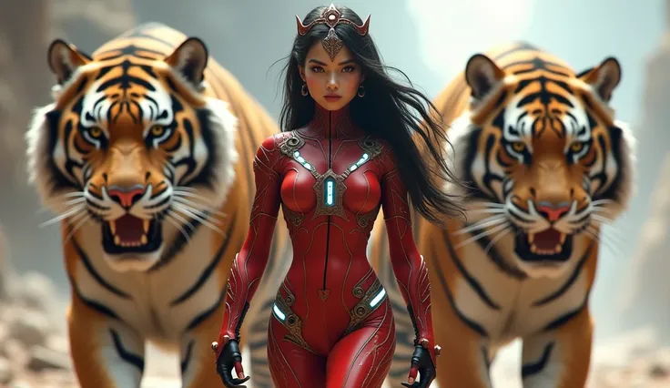 The girl is depicted as a striking and powerful figure with a strong, confident presence. She is dressed in a futuristic, cybernetic outfit that highlights her form. Her red outfit is a mixture of armor and sleek design, with red and silver tones that high...