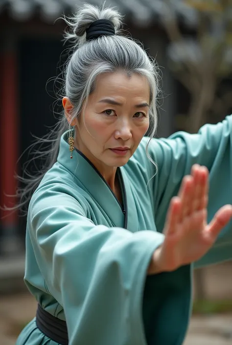 70 years old，Beautiful woman，Black and gray hair with white temples，Will martial arts，Tang Dynasty。Will martial arts的美丽老奶奶被对手打