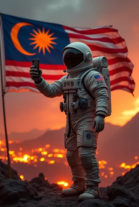 a Malaysia flag on the lava , burning place very hot extremely hot. ,Malaysia astronaut taking a selfie,man height body average 65 year old detailed space suit,detailed Malaysia flag,detailed lunar landscape,dramatic lighting,cinematic angle,hyperrealistic...