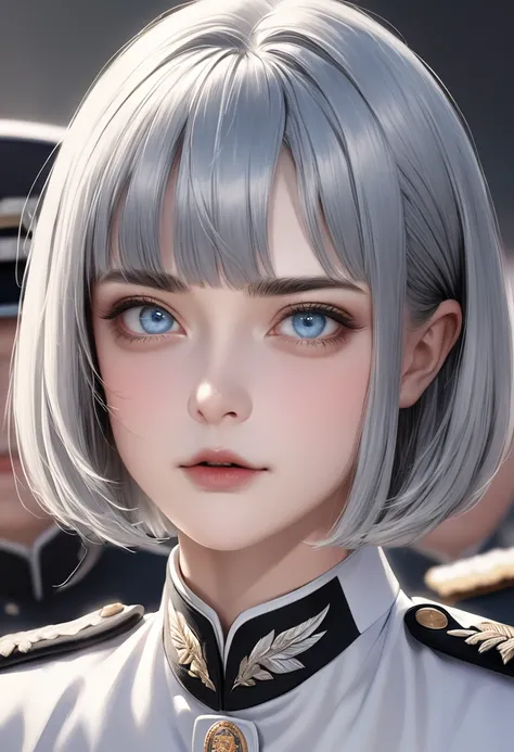 1 male　Silver trimmed blunt bob cut　Hair and eyebrows the same color as the hair　Bangs cut straight above the eyebrows　Light blue eyes　Black and white uniform　Military parade square　Realistic