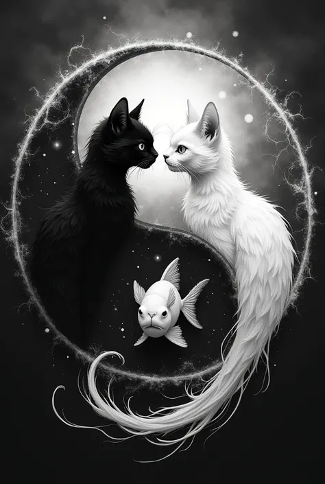 a black and inhite image of tino cats and a fish in a circle, Ying y Yang, yin yang, mainly grayscale, Witchs circle, b&in!, Yin-yang shaped, Tentacles in the universe, brooding and gloomy art style, tino in the void, Spiritual Cryptid, evil inky sinirly r...