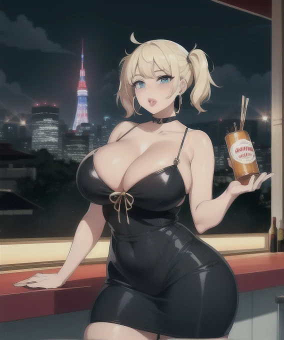 One person,  (((Slut))),Hoop Earrings, Swollen lips, Painted lips, Thick lips. 
Blonde, Short Twin Tails, Wide Hips, Thick thighs, Bursting Chest Nightlife, City of night, サイbarパンクシティ, Futuristic cityscape. Neon Light, (Skyscraper:1.1), Tokyo Tower, Palm t...