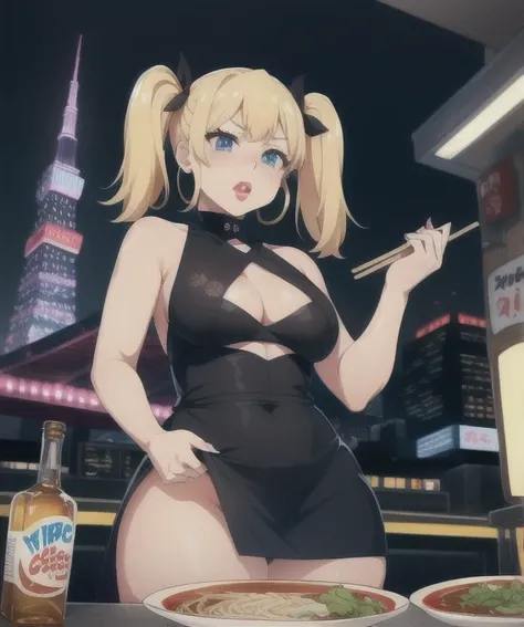 One person,  (((Slut))),Hoop Earrings, Swollen lips, Painted lips, Thick lips. 
Blonde, Short Twin Tails, Wide Hips, Thick thighs, Bursting Chest Nightlife, City of night, サイbarパンクシティ, Futuristic cityscape. Neon Light, (Skyscraper:1.1), Tokyo Tower, Palm t...