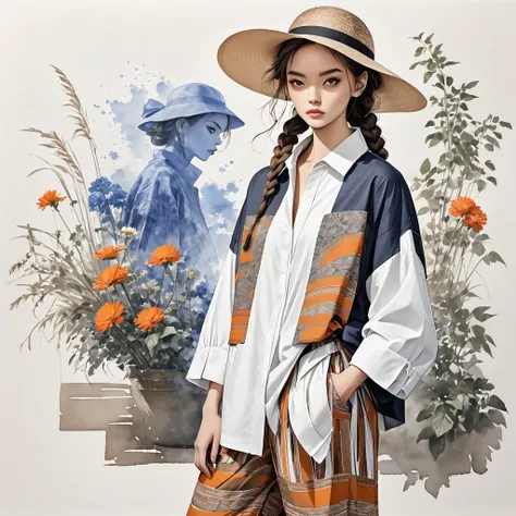 candid fashion illustration a group of young 2man and 1girl models, aged 18-23 year old, tall and slender, Mixed race super model, ((showcase in fashionable cotton outfits inspired by designer Yohji Yamamoto collection)), in elegant and modern style of ((t...