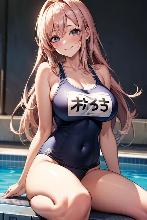 One person, High resolution, Long Hair, Gaze, smile, masterpiece, accurate, Highest quality, Ultra high definition, Large Breasts, Blushing, Simple Background, Pool、School Swimsuit、high school girl