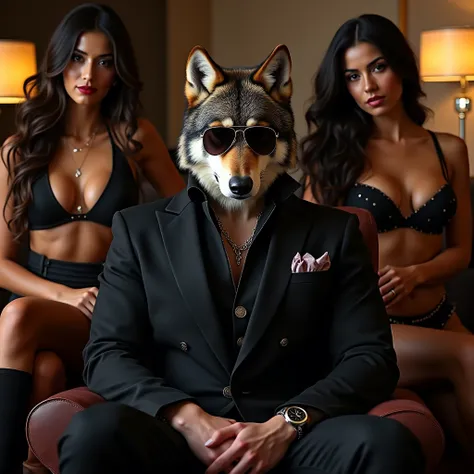 A wolf dressed as a gangster with dark aviator sunglasses sitting in an armchair surrounded by beautiful big-breasted Latina women