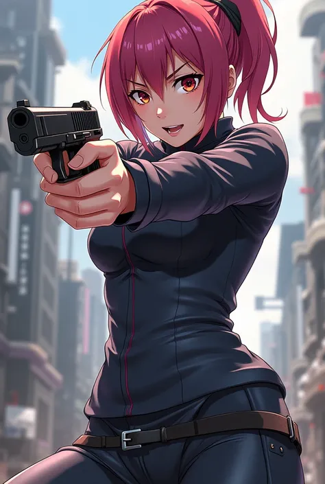 Make woman anime character full body with holding a pistol