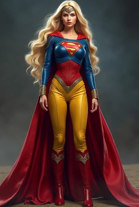 
A beautiful woman with long blonde hair three feet long wearing the suit of the Kryptonian Kara zor-El aka Supergirl Suit Blue and red jacket in leather red corset with Superman emblem on her chest yellow pants combined with Red and blue in leather red kn...