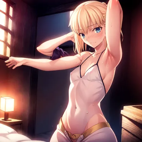 High resolution, 最high resolution,high resolution,{Things to know_f de stay night ufotable:1.15}, Rubio_ Best Quality, masterpiece, フルnude,Sweatだく,Blushing,smile,Armpitアップ,Sweat,Armpitを広げて見せている,bed,Moist,Blonde,whole body,pubic hairあり,Love juice,Armpit,sid...