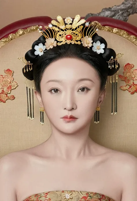 A full-body portrait of a Qing Dynasty Empress sitting naked on a large golden sofa in the palace.,  Empress of the Qing Dynasty, Wearing a large crown, She is completely naked, Showing off gorgeous large flowers and hairpins, She tied her hair up and pull...