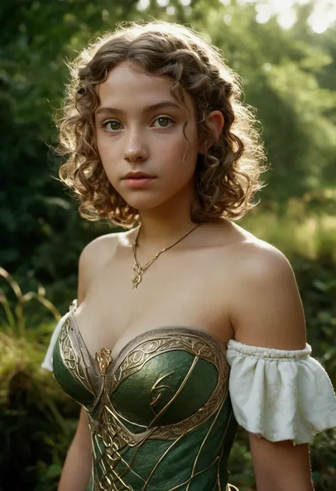 analog film photo, photo of a young elven girl, 18 years old, elf ears, amber eyes, curly bob cut, tan complexion, Amazonian stature, voluptuous hourglass figure, busty bosom, narrow waist, full hips, big plump buttocks, wearing a strapless elven mini-dres...