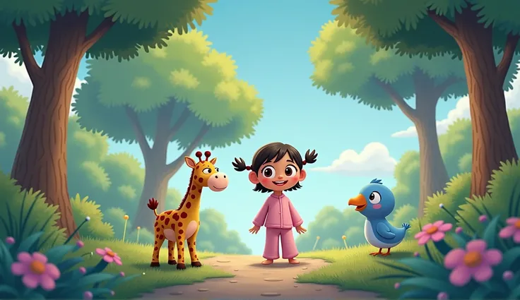 A little cartoon girl in pink pajamas stands with a stuffed giraffe and talks to a blue cartoon bird