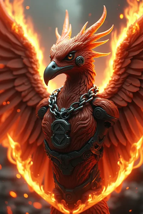 Hail phoenix with pistons, chain necklace motorcycle locked in a shield with fire