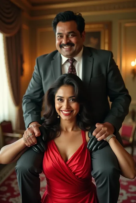 Create a realistic photograph of a smiling and beautiful indian actress in red satin carrying a large stout man on her shoulders in a room, man is sitting on top of her shoulders , man on top, woman standing at bottom , she is wearing black gloves 