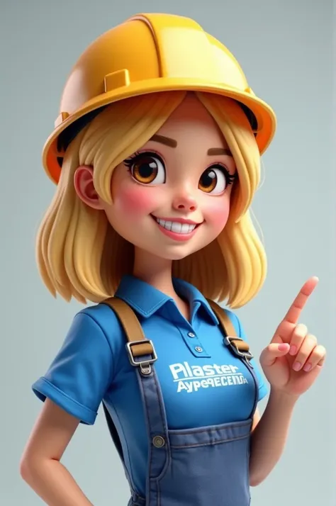 I want a mascot that is a blonde girl with shoulder-length hair, eyes browns, chestless, blue blouse written plaster Aparecida, construction hat and pointing with her hands to something on her right 