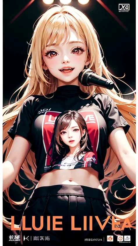 Blonde long hair high school girl,Red eyes, smile,Live Announcement Poster,Poster with logo"Lumina Live",Singing on stage,Bust Shot,Spotlight