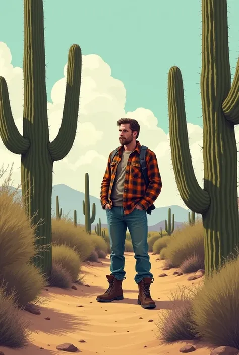 A Northeastern man behind some cacti and a desert 