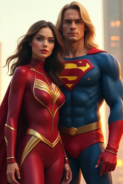 Lily Collins has round, large, circular eyes, brown hair, and a tall, blonde, muscular young man with long hair. , They will have superhero clothes 