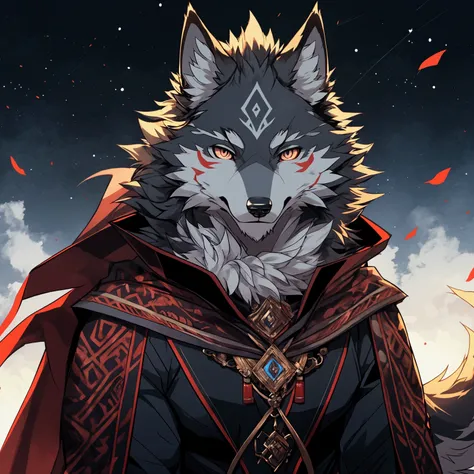 anthropology, Beast field, male, Solitary((Wolf) Fluffy fur, Fluffy), Delicate face, Delicate eyes (Looking at the audience), 灰Wolf兽人，Black highlights on face。Red pattern on the face。Black cape。