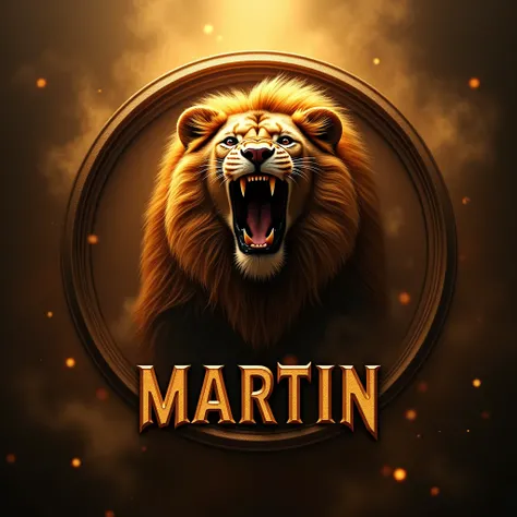 A lion roars within a circular logo. Gold lettering with a shadow reads ‘MARTIN’. 4k with smoke and orange lighting.