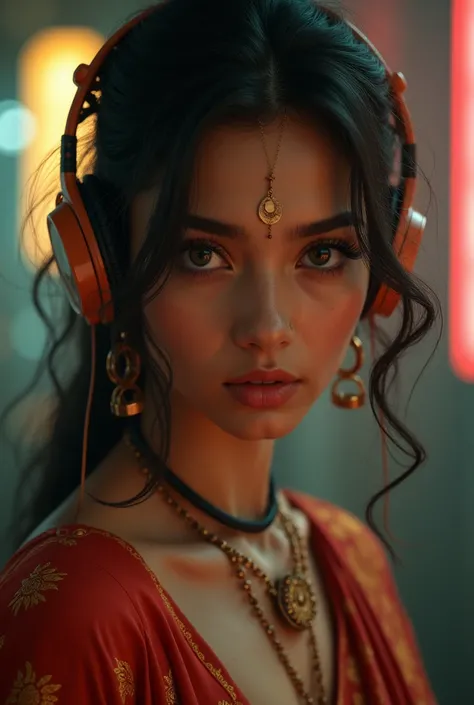 beautiful detailed eyes, beautiful detailed lips, extremely detailed eyes and face, longeyelashes, 1girl, a girl wearing a sari blouse, headphones on her ears, cigarette in her hand, detailed background, detailed clothing, detailed accessories, photorealis...