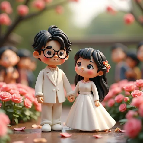 Cute clay model style，in rose garden，Young dark-haired prince wearing glasses，Wear a white suit；and elegant and beautiful，Long black wavy hair、The princess with bangs，Long-sleeved white shirt with collar，The lower body is a white long skirt，They hold hands...