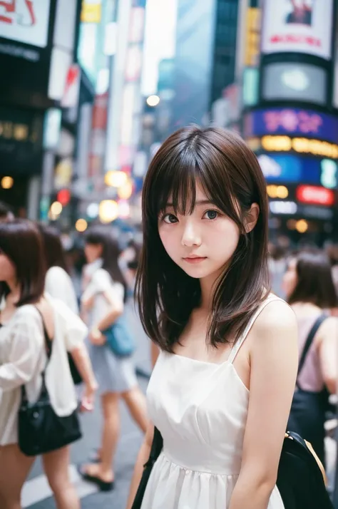 Low angle shot with Shibuya Scramble Crossing in the background,Blur the background,Your hair is beautiful,Look here,Bright photo,Japanese women,Hair is slightly brown,The eyes are double,Wearing a white dress,Realistic,32mm film style