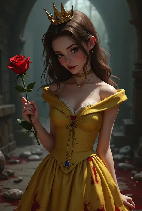 Beauty and the Beast，Princess Belle，Yandere，The skirt is torn，Tearing，looking down with a mischievous smile，Dark and spooky，yellow skirt，Brown hair，real，Holding a red rose in hand，Blood on the skirt